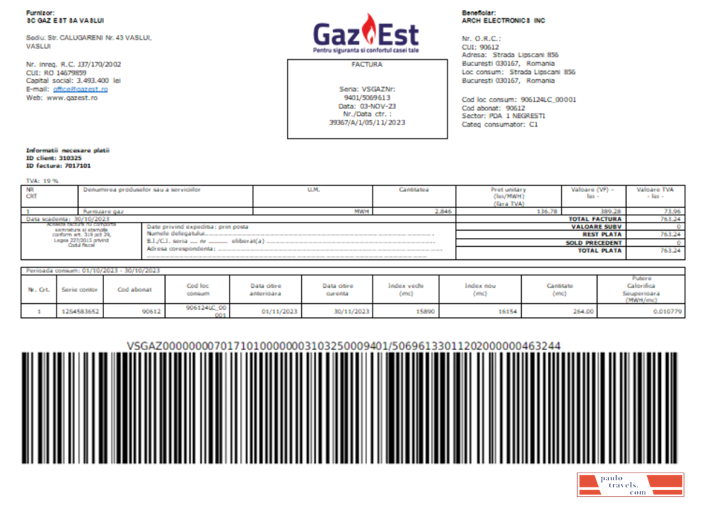 Gaz Est S.A. utility business bill, SCR PSD template